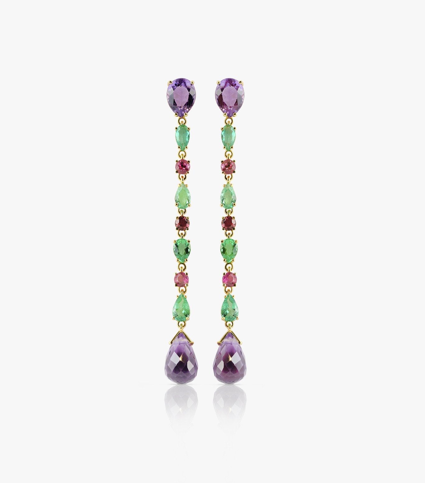 PENDIENTES LARGOS DE ORO CON AMATISTA, ESMERALDA Y TURMALINAS