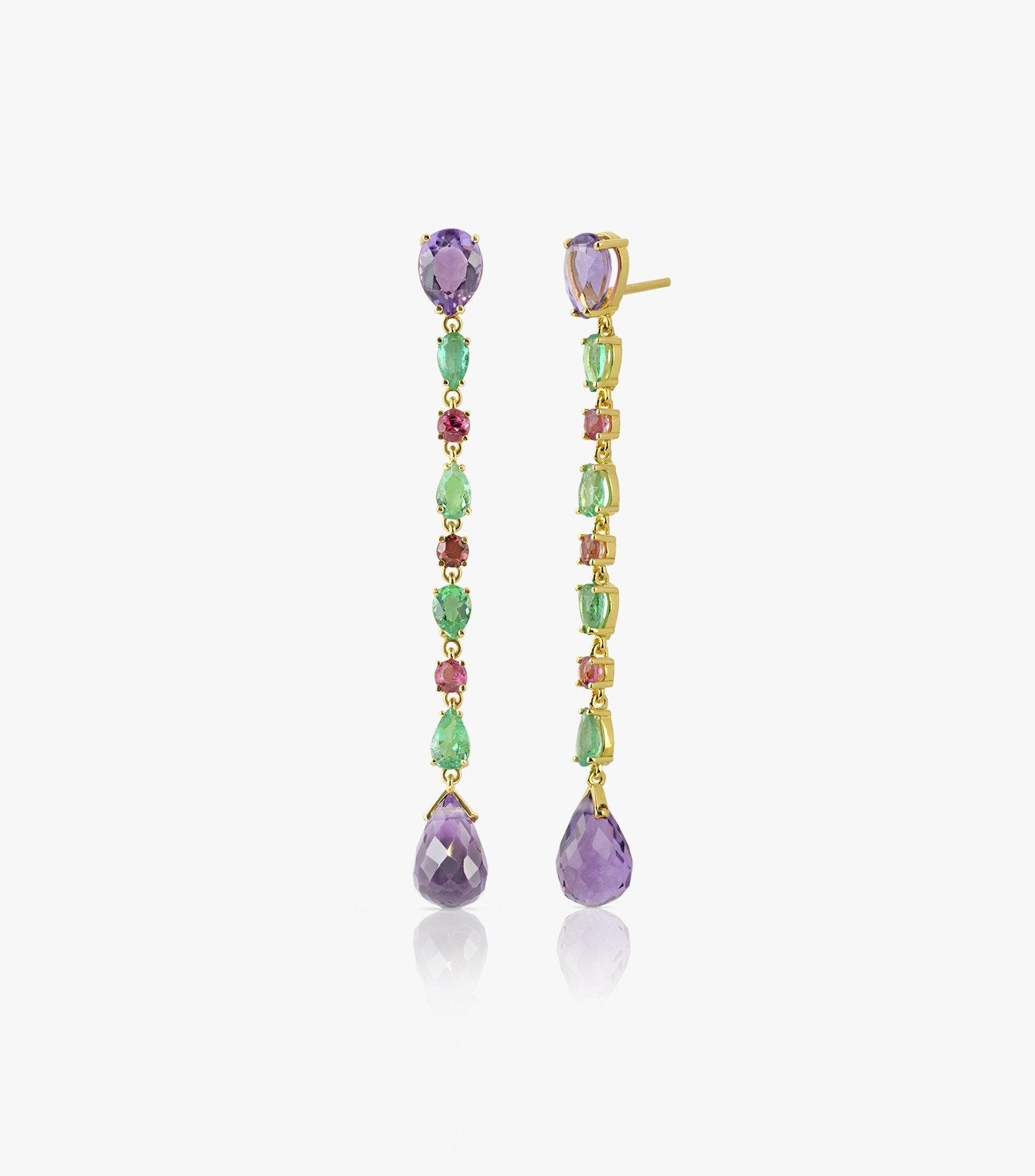 PENDIENTES LARGOS DE ORO CON AMATISTA, ESMERALDA Y TURMALINAS