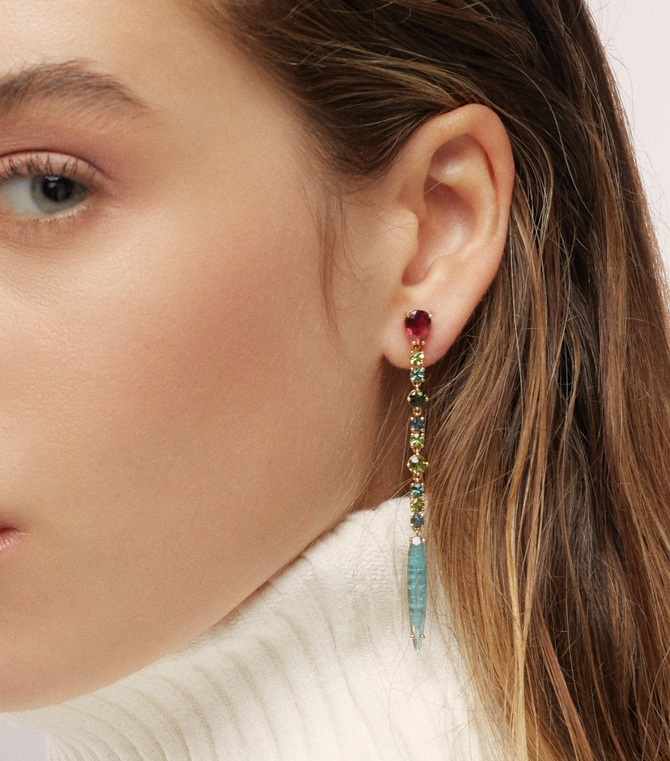 PENDIENTES LARGOS DE ORO CON TURMALINAS MULTICOLOR