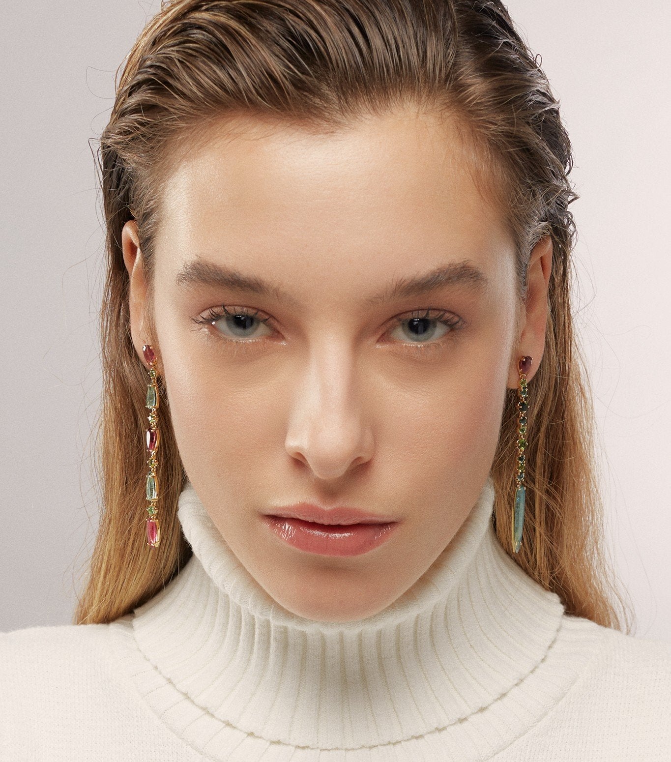 PENDIENTES LARGOS DE ORO CON TURMALINAS MULTICOLOR