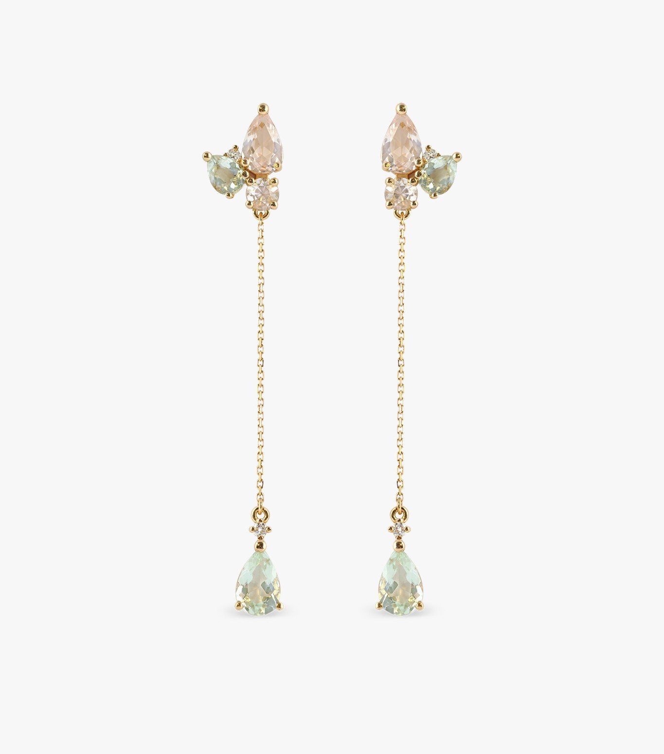 PENDIENTES CADENA DE ORO ROSA CON MORGANITA,AGUAMARINA Y DIAMANTES