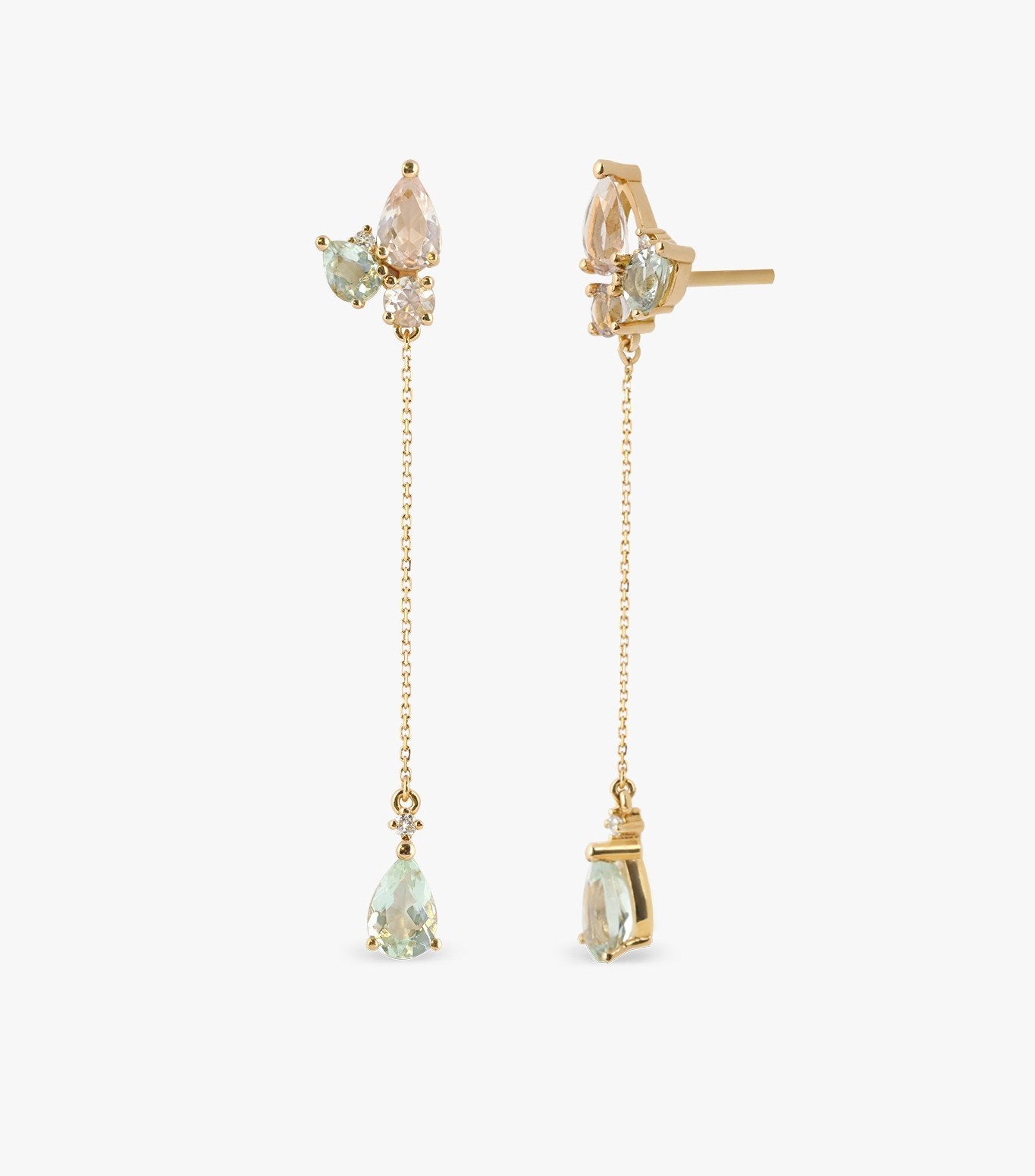 PENDIENTES CADENA DE ORO ROSA CON MORGANITA,AGUAMARINA Y DIAMANTES