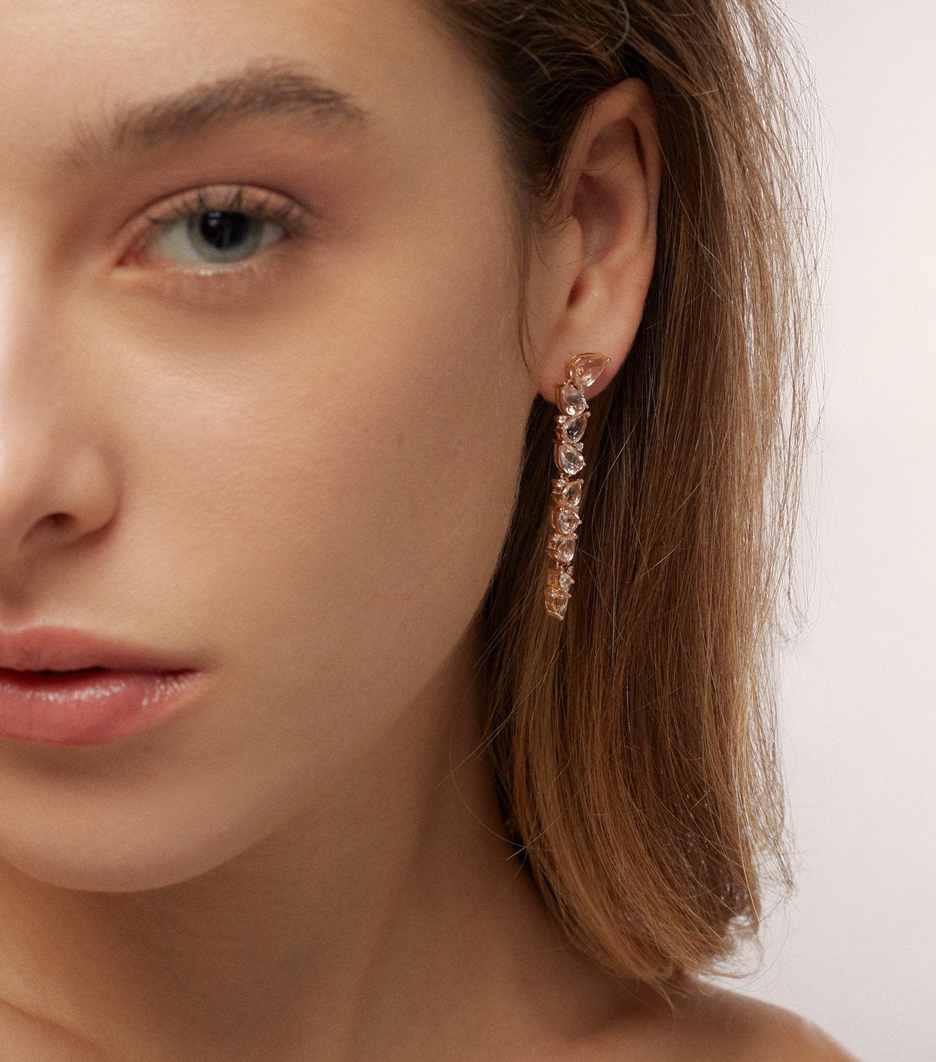 PENDIENTES CASCADA DE ORO ROSA CON MORGANITA Y DIAMANTES