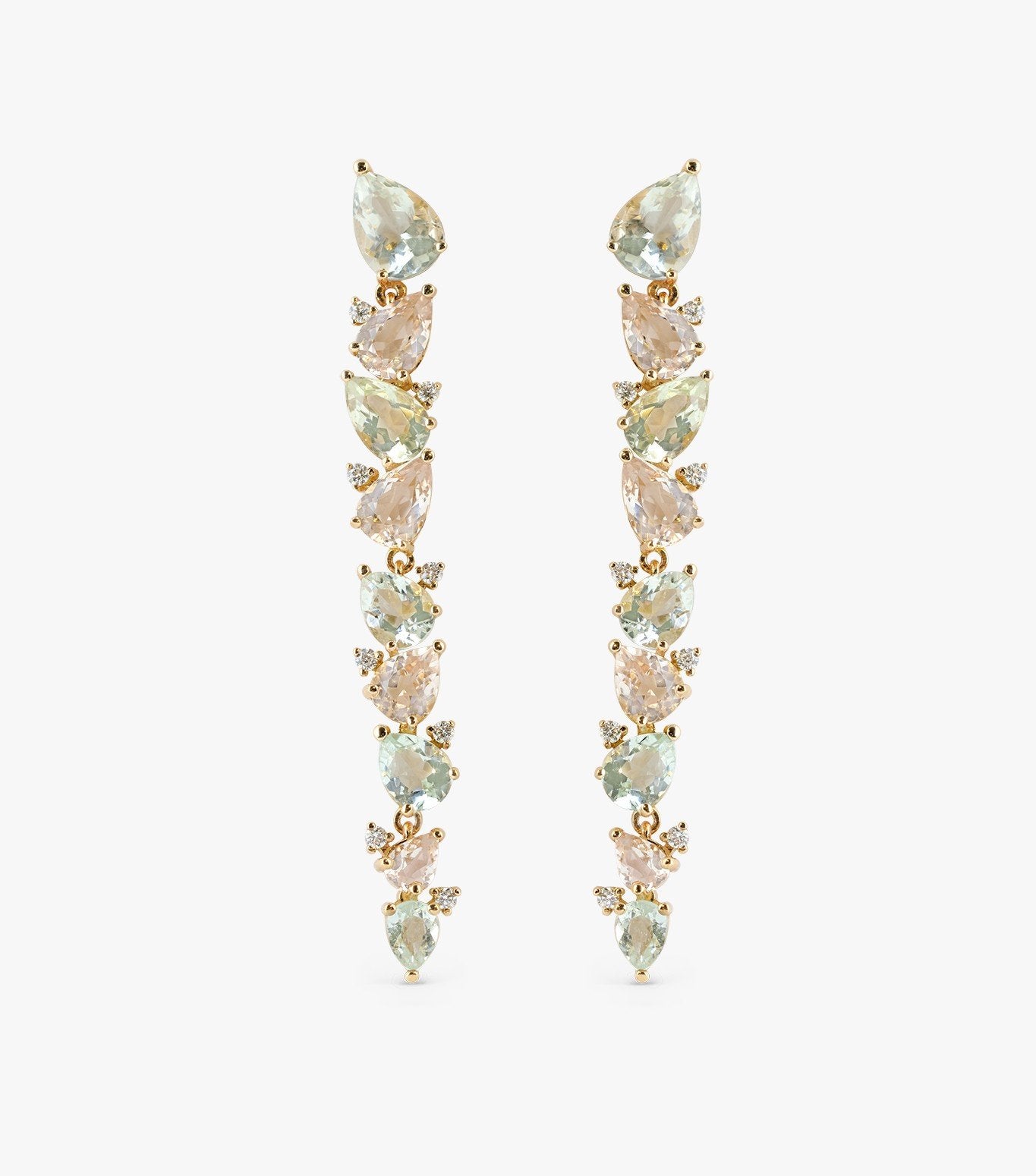 PENDIENTES CASCADA DE ORO ROSA CON MORGANITA,AGUAMARINA Y DIAMANTES
