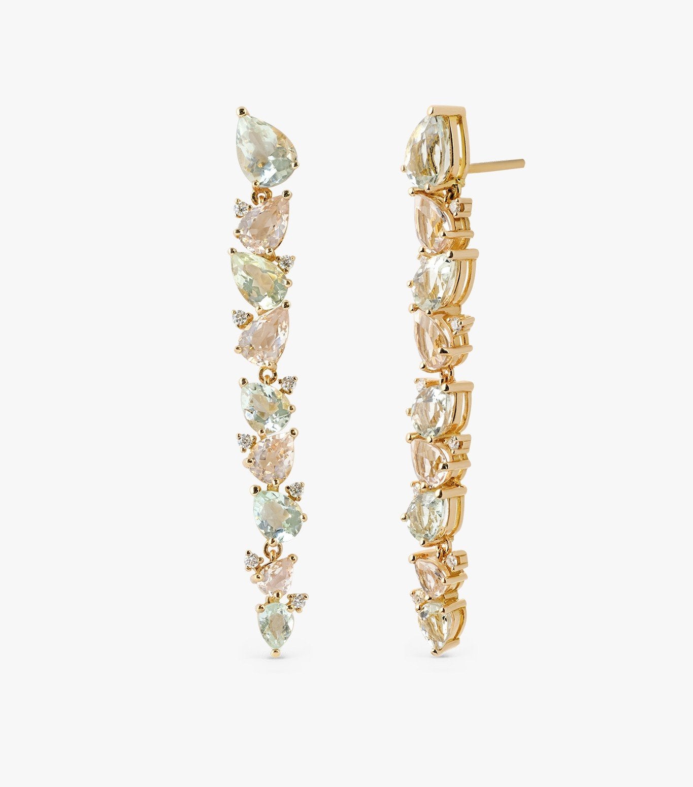 PENDIENTES CASCADA DE ORO ROSA CON MORGANITA,AGUAMARINA Y DIAMANTES