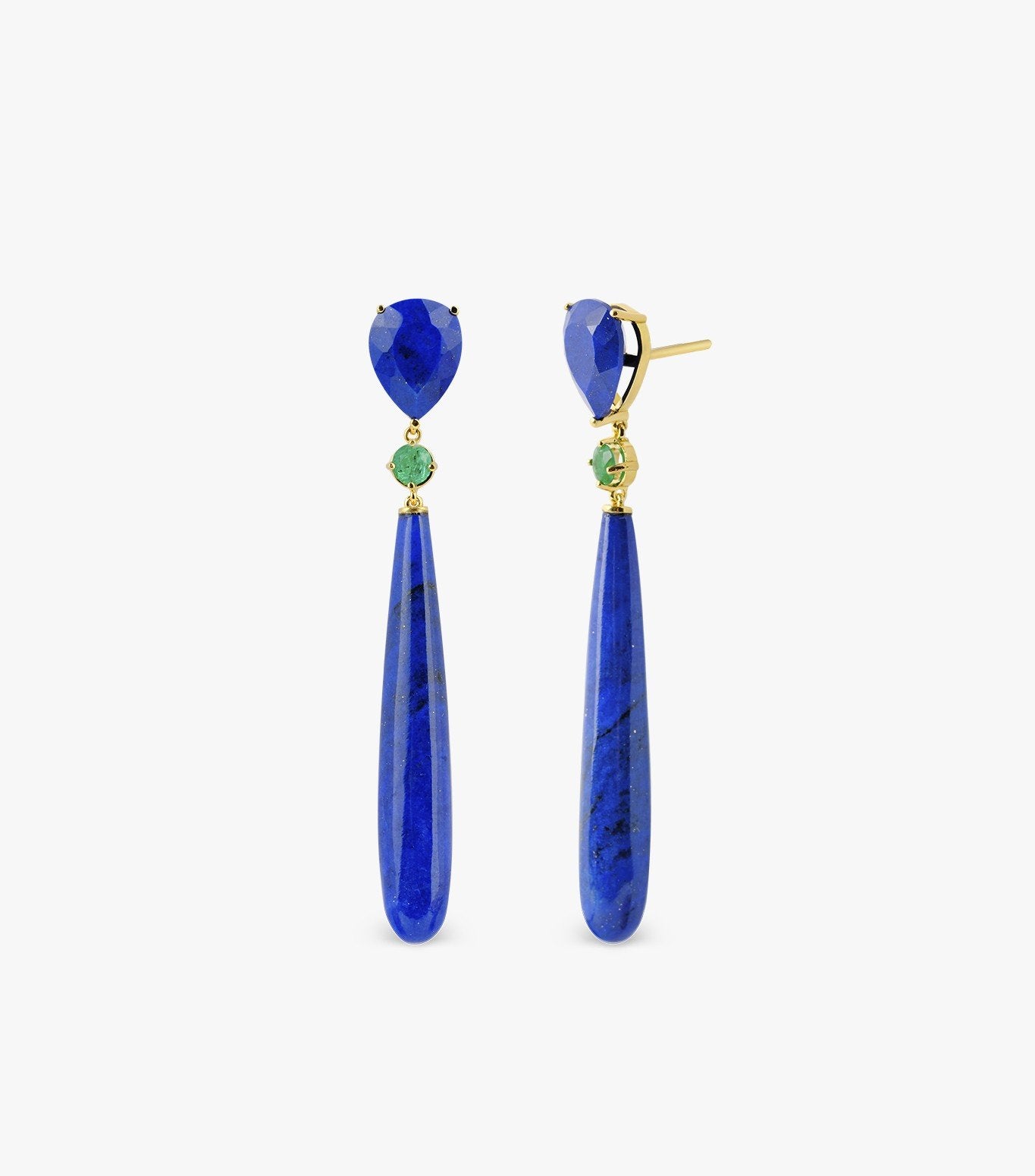 PENDIENTES LARGOS DE ORO CON ESMERALDA Y LAPISLAZULI